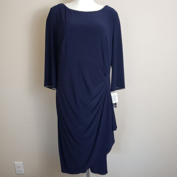 NWT-Alex Evenings Rhinestone Embellished Bateau‎ Navy Jersey Dress Plus Size 18 - Picture 2 of 14